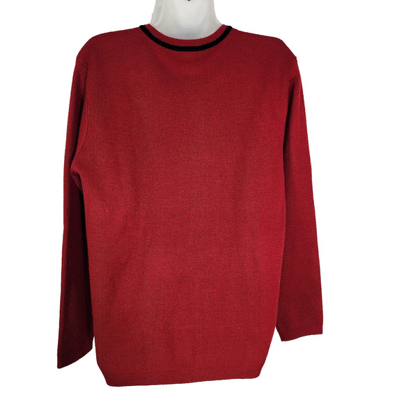 Talbots Cardigan Sweater Medium Red Black Velvet Trim Snap Toggle Merino Wool - Picture 2 of 9